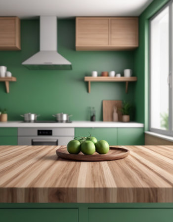 Green kitchen interior with a wooden table. 3d rendering mock upの素材