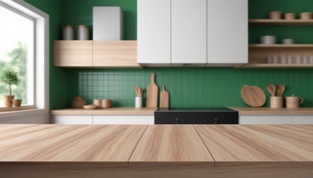 Wooden table in modern kitchen interior with green tile wall. 3D Renderingの素材