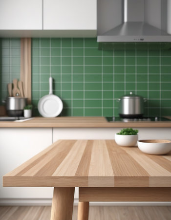 Kitchen interior with wooden table and green tile wall. 3d renderの素材