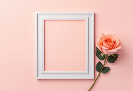 Flowers composition. Frame and rose on pastel pink background. Flat lay, top view, copy spaceの素材