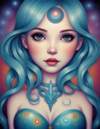 Portrait of a beautiful woman with blue hair and blue eyes.の素材