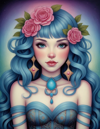 Beautiful girl with blue hair and rose flowers in her hair.の素材