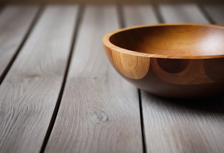 Wooden bowl on a wooden table. Close-up image.の素材
