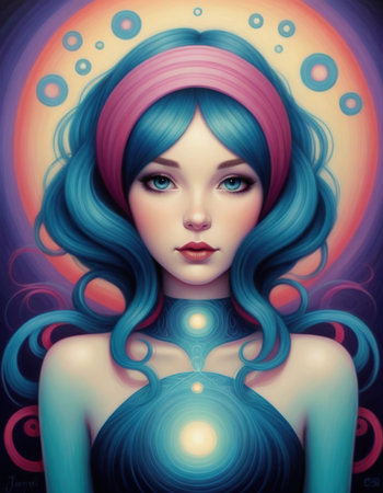Portrait of a beautiful girl with blue hair and colorful make-up.の素材