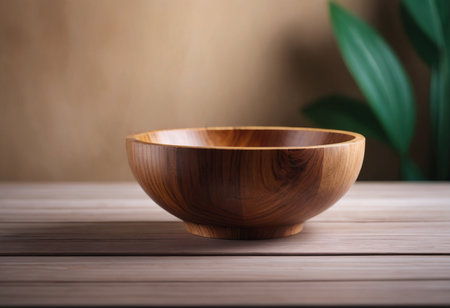 Wooden bowl on wooden table with copy space for your text.の素材