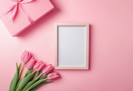 Gift box with pink tulips and photo frame on pink backgroundの素材