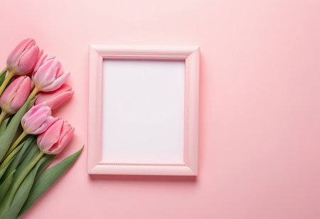 Pink tulips and white frame on pink background. Flat lay, top viewの素材
