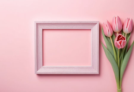 Pink tulips and wooden frame on pink background. Flat lay, top view.の素材