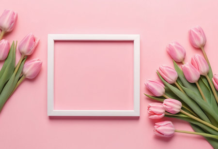 top view of pink tulips and white frame on pink background with copy spaceの素材