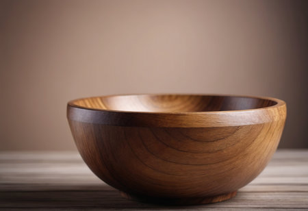 Wooden bowl on wooden table, closeup. Space for textの素材