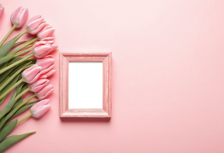 Pink tulips and photo frame on pink background. Top view with copy spaceの素材