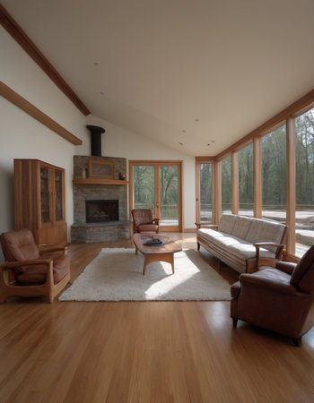 interior of a modern house, living room with fireplace and armchairsの素材
