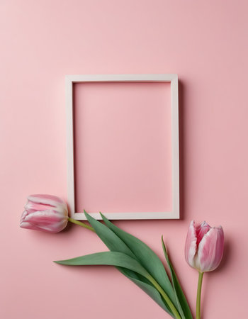 Pink tulips and white frame on pink background. Flat lay, top view, copy spaceの素材
