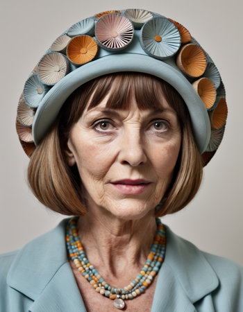 Portrait of a senior woman wearing a hat with holes and beadsの素材