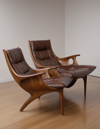 Two brown leather armchairs in living room interior with hardwood floorの素材