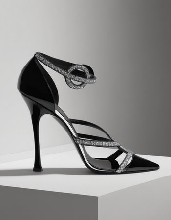 Black high heel shoes on white background. 3d render illustration.の素材