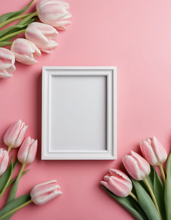 Top view of white photo frame with pink tulips on pink backgroundの素材