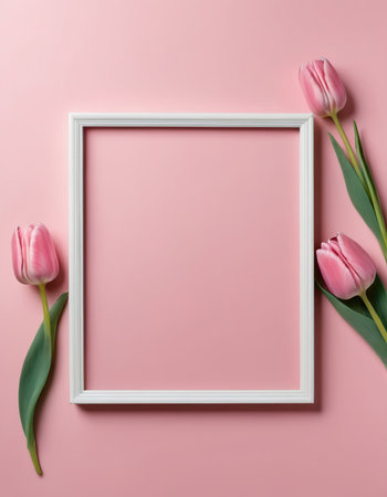 White frame with pink tulips on pink background. Flat lay, top viewの素材