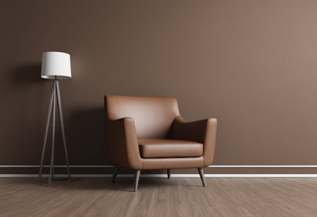 modern living room with brown armchair and floor lamp, 3d renderの素材