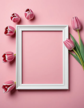 White frame with pink tulips on pink background. Flat lay, top viewの素材