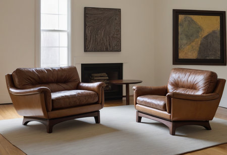 Luxury living room interior with brown leather armchairs and fireplaceの素材