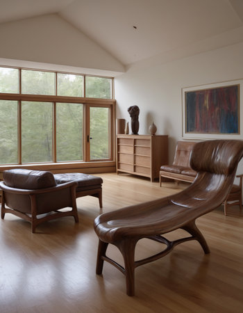 Interior of a living room with wooden armchairs and a windowの素材