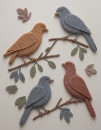birds and branches with leaves on a white background, copy space.の素材