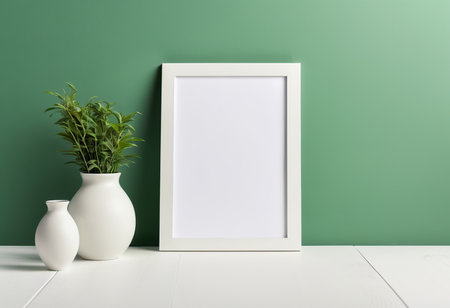 Blank picture frame mockup on white wood table and green wall backgroundの素材