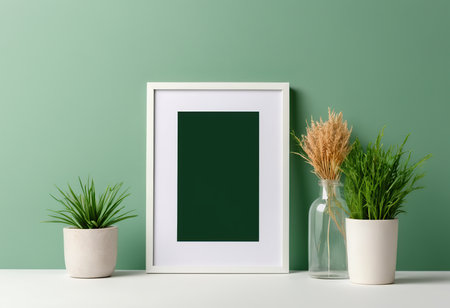 Blank picture frame mockup on green wall. 3d renderの素材