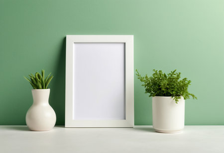 White frame mockup with plant in vase on white table.の素材
