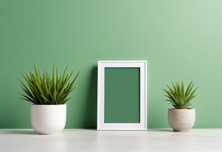 White picture frame mockup with green wall and plants. 3d renderingの素材