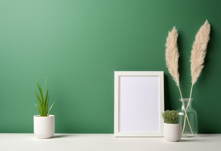 White frame mockup on green wall. 3d rendering, 3d illustration.の素材