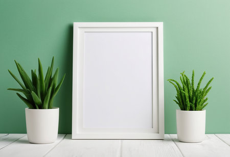 Mock up blank frame with potted plant on green wall backgroundの素材