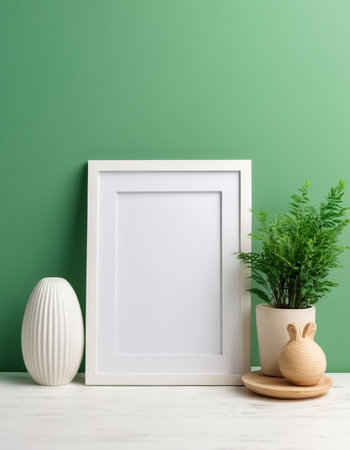 White frame mockup on green wall background. 3d rendering, 3d illustration.の素材