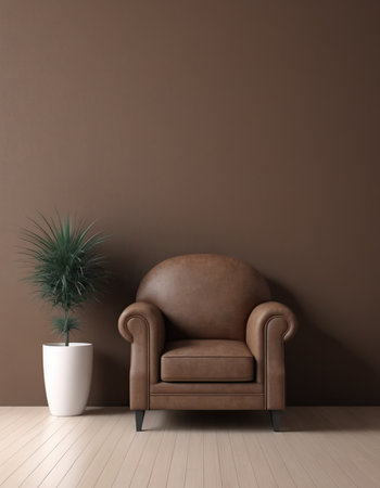 interior with brown armchair and plant. 3d render illustrationの素材