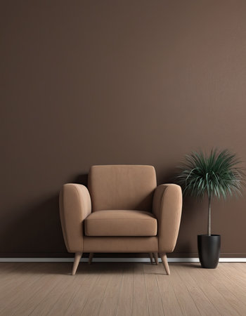 interior with brown armchair and plant, 3d render illustrationの素材