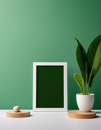 Mockup of green photo frame and houseplant on white table against green wallの素材