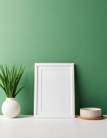 Blank picture frame mockup on green wall. 3d renderの素材