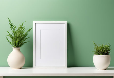 White vertical frame mockup on green wall background. 3d renderの素材