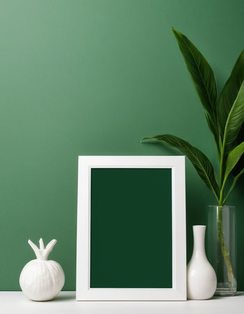 white vase with plant and blank photo frame on green wall backgroundの素材