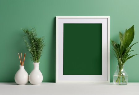 White vase with plant on the table and green wall. 3d renderingの素材