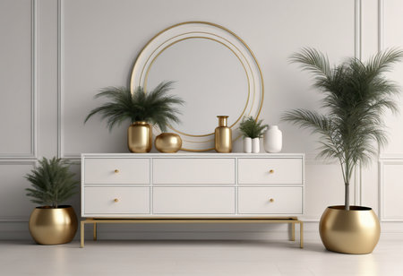 Interior of modern living room with white walls, carpet on the floor, wooden chest of drawers with gold frames and plants. 3d renderの素材