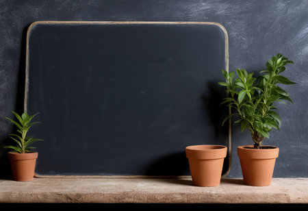 Empty blackboard with plant on wooden table and chalkboard background.の素材
