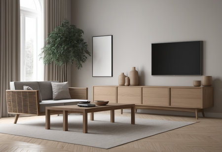 Interior of modern living room with white walls, wooden floor, beige sofa and two vertical mock up posters. 3d renderingの素材