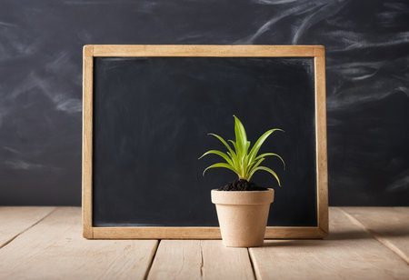 Plant in a pot on a wooden table and blackboard backgroundの素材