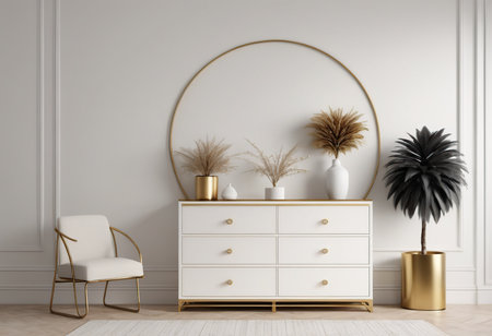 Interior of modern living room with white walls, wooden floor, white chest of drawers with golden frames and armchair. 3d renderの素材