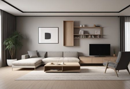 Interior of modern living room with gray walls, wooden floor, brown sofa and coffee table with bookshelves. 3d renderingの素材