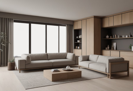 Interior of modern living room with wooden walls, wooden floor, beige sofa and coffee table. 3d renderingの素材