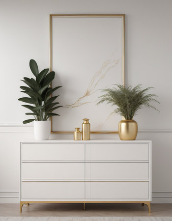 Interior of modern living room with white walls, wooden floor, chest of drawers with golden frames and plants. 3d renderの素材