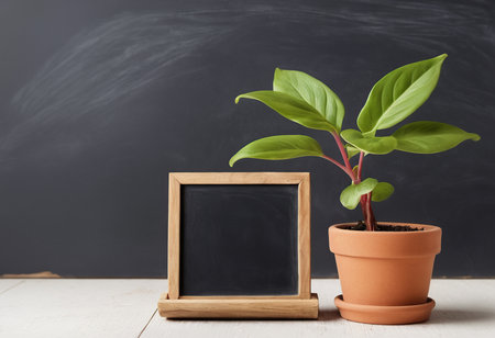 Green plant in a pot with a blackboard on a wooden tableの素材